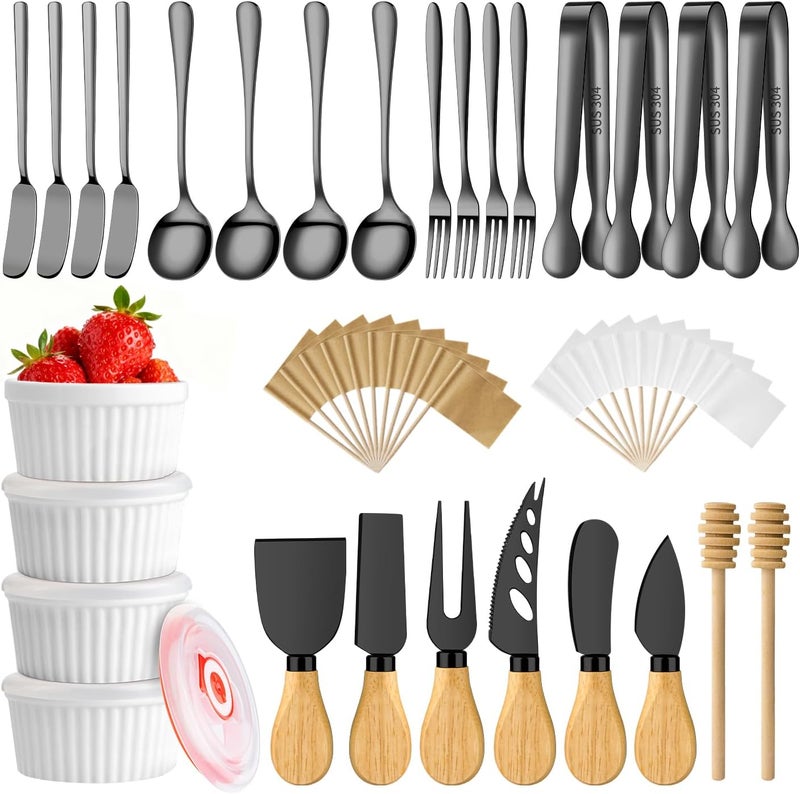 ELIMTEC Charcuterie Boards Accessories Bowls, Cheese Knife Set Mini Butter Spreader, Serving Tongs, Forks, Spoons, Dipping Bowls with Lids, Toothpick Flags, Honey Dippers For Party Platter Making (Black) - Image 1